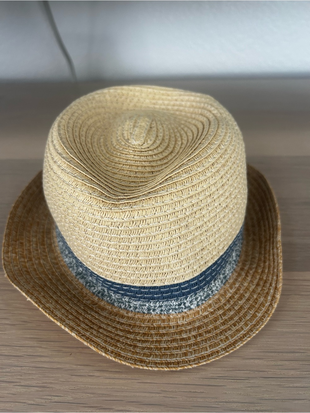 Little Boy Straw Fedora Hat Tan & Navy Blue Woven Summer Beach Hat - 2-3 years